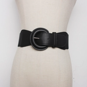 Women's Fashion Wide Elastic Waist Belt With Large Round Buckle For Dresses Coats Sweaters Black Artificial Leather Cinch Belt