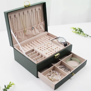 Green leather double-layer jewelry box with drawer and soft velvet lining for organizers