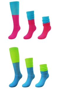Detailed views of slouch socks in contrast colors showing stretched and stacked styles