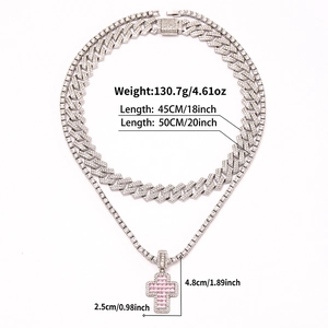 Pink iced out cross pendant with silver Cuban and tennis chain set for hip hop streetwear