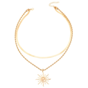 Collana doppia a strati dorata con pendente sole, catena a serpente e maglia a corda