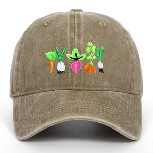 Khaki vintage washed baseball cap with vibrant vegetable embroidery on a white background
