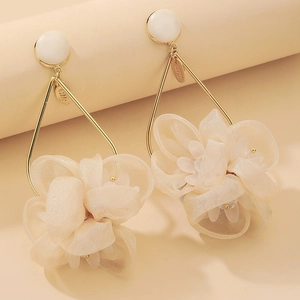 Vintage Oversized Beige Fabric Flower Drop Earrings With Gold Alloy Frame And 925 Sterling Silver Earring Post