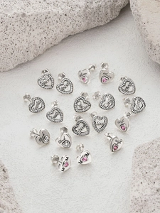 Detailed collection of S925 silver heart studs with engraved emotional themes and gems