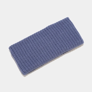 Detailed close-up of lilac blue ribbed knit headband with soft texture and vertical stripes