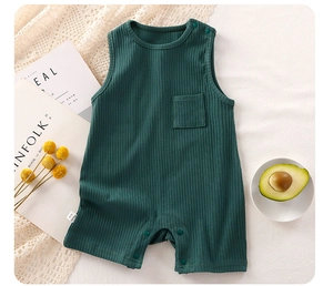 Close-up of ribbed green baby romper featuring snap buttons and front pocket detail