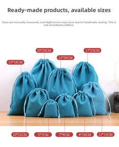 Size chart showing nine available dimensions for velvet drawstring jewelry pouches