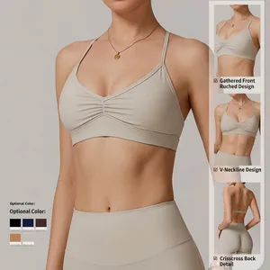 Quick-dry V-neck yoga bra set with pleated front and crisscross back in light beige gray