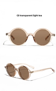 Macro detail of transparent light tea round frame sunglasses with technical specs and CE mark