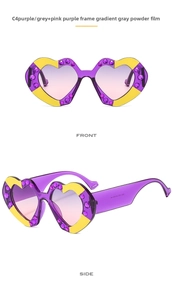 Front and side view of heart-shaped sunglasses with purple frames and rhinestone details
