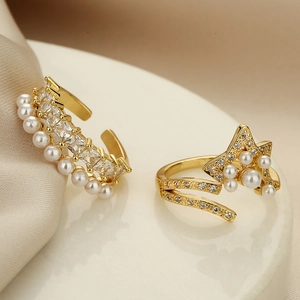 Geometric Open Ring Copper With Cubic Zirconia And Artificial Pearl Gold Plated Adjustable Elegant Jewelry For Women