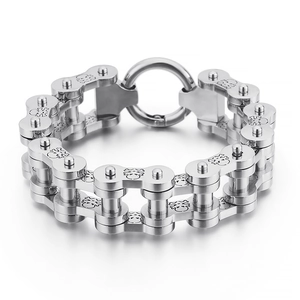 Bracelet motard pirate argenté pour homme en acier inoxydable avec double chaîne vélo