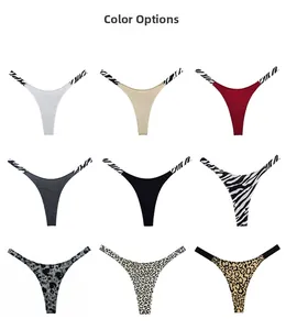 Detailed grid display of 9 women's cotton thongs with zebra and leopard print waistbands