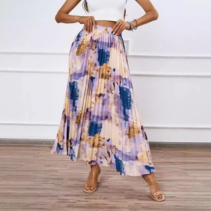 Summer high-waist pleated midi skirt with abstract oil painting print and flowy A-line cut