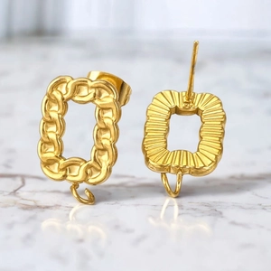 18k gold plated stainless steel textured rectangular ear studs with hanging loop