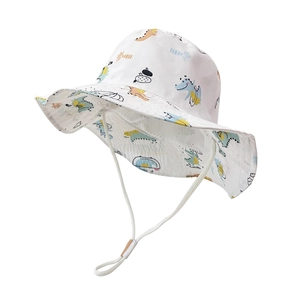 Detail of children wide brim sun hat with cartoon dinosaur prints and adjustable chin strap