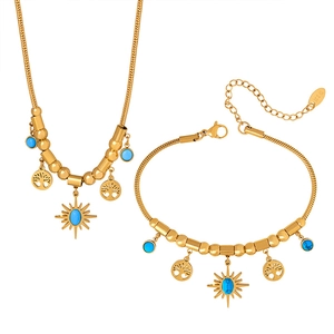 Goldenes Schmuckset mit Türkis-Anhänger, Lebensbaum und Sonnenstrahlen für Damen