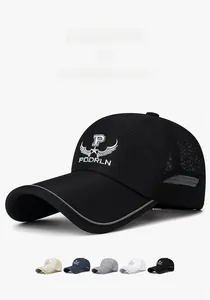 Detailed view of the breathable mesh fabric and long brim design on a black baseball cap