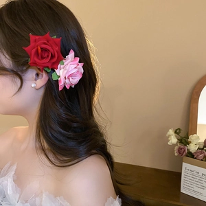 Elegant fabric rose flower hair clips in red and pink for women's spring summer hairstyle