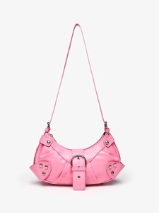 Pink crocodile pattern shoulder bag with silver studs and buckle on white background