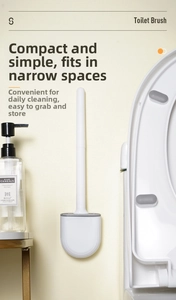 Space-saving wall-mounted silicone toilet brush set for narrow bathroom crevices
