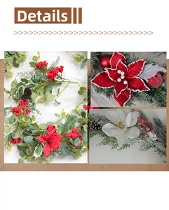 Detail of Christmas garland featuring red poinsettia, pine cones and frosted greenery