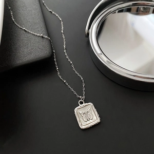 Silver square butterfly pendant necklace with natural shell texture and delicate bead chain
