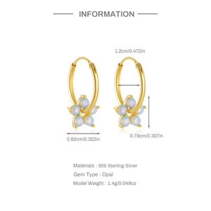 Detailed measurement guide for 925 silver opal flower earrings with golden finish