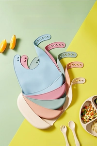 Adjustable multi-color food-grade silicone baby bibs with large leak-proof crumb catcher