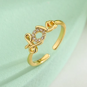 Gold plated open ring with LOVE geometric design and sparkling zircon stone inlay