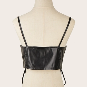 Black PU leather corset vest with thin straps on a mannequin, rear view aesthetic