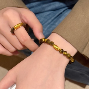 18K gold plated tiger eye beaded bracelet with lucky Pi Xiu charm for men and women