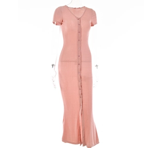 Pink short-sleeved slim-fit knit dress featuring a button-down front and side split detail