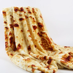 Detailed close-up of soft flannel burrito blanket with realistic tortilla texture