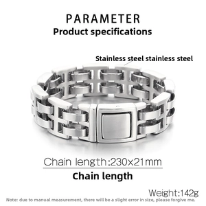 Detail view of industrial style stainless steel link bracelet with 21mm width dimensions