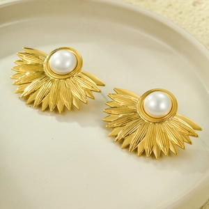 Vintage gold plated stainless steel fan shaped earrings with elegant white pearls
