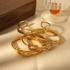 Minimalist 18k gold plated geometric cross line stainless steel bangles for women