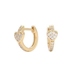 Detail of heart-shaped hoop earrings in gold finish with micro-pave zirconia stones