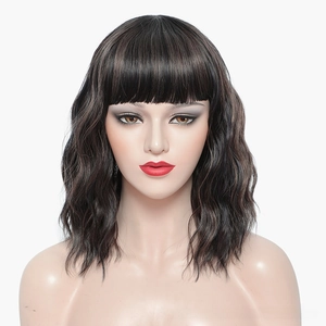 Detailed texture of wavy bob wig with bangs in dark brown with blonde highlights