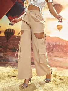 Khaki high-waisted cargo pants with cutout details and side flap pockets for women