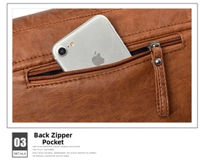 Detailed view of the back zipper pocket on the brown litchi pattern leather shoulder bag