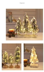 Close-up of mini snow-flocked Christmas trees with warm LED lights and wooden bases