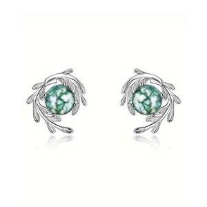 Moss Agate Style Green Round Stone Stud Earrings Copper White Gold Plated Branch Leaf Vine Natural Design For Women