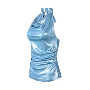 Detail of blue metallic cowl neck halter top featuring side ruching and shimmery texture