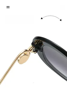 Macro shot of reinforced strong hinge and golden metal temples on black round sunglasses