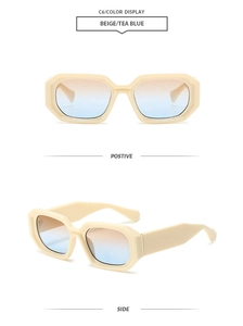 Detail view of beige angular square sunglasses with tea blue gradient lenses