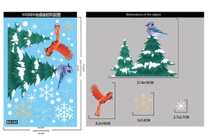 Detailed dimensions of Christmas window stickers including snowflakes and festive birds