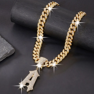 Iced out gold Cuban link chain necklace with sparkling letter A pendant for hip hop style