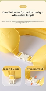 Detail of adjustable butterfly buckle on silicone baby shower cap for head size fit