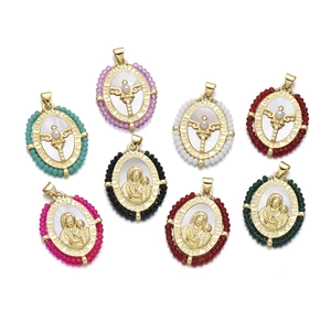 Religious Virgin Mary and cross pendants with colorful beads on mother of pearl base